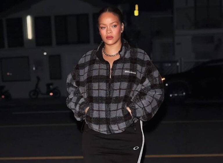 Rihanna Steps Out at Giorgio Baldi in a Checked Gray Miu Miu Jacket, Balenciaga Skirt, and Amina Muaddi Snake Boots