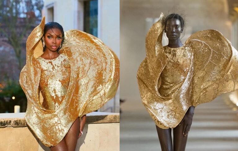 Olandria in a Gold Sculptural Rahul Mishra Couture Gown at Paris Fashion Week