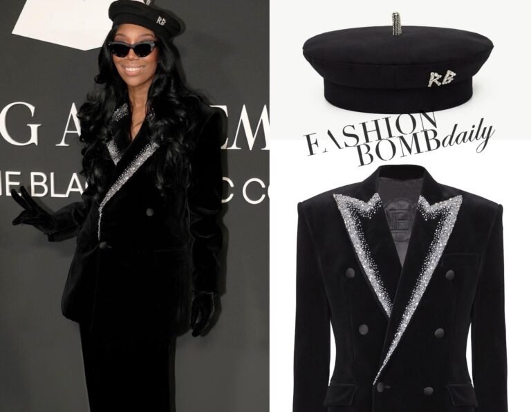 Brandy in a Black Velvet Crystal-Embellished Balmain Blazer and Beret at the Recording Academy Honors