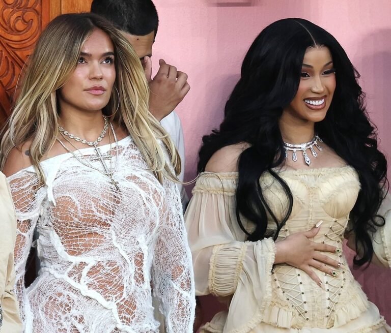 Cardi B in Cream Zimmermann and Karol G in White Ann Demeulemeester Dance with Bad Bunny at the Super Bowl Halftime Show