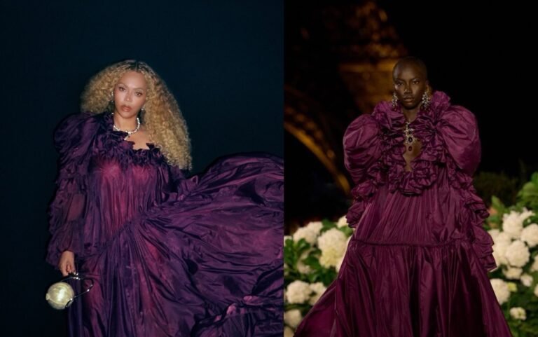 Beyonce Grabs Dinner in Plum Taffeta Spring 2026 Saint Laurent Gown and Pearl Cult Gaia