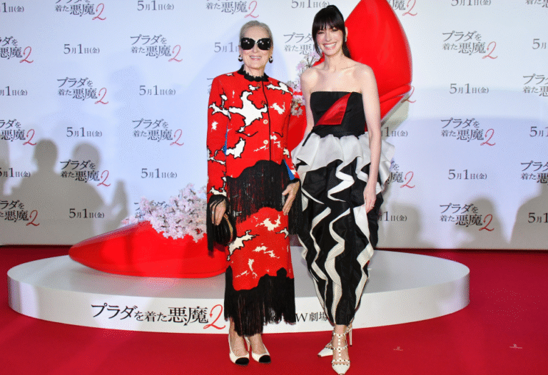 The Devil Wears Prada 2 Tokyo Fan Event: Anne Hathaway in Black and Ivory Valentino Couture Silk Gown and Meryl Streep in Red and Black Chanel Metiers d’Art Fringe Tweed Set 99 The Devil Wears Prada 2 Tokyo Fan Event Anne Hathaway In Black And Ivory Valentino Couture Silk Gown And Meryl Streep In Red And Black Chanel Metiers DArt Fringe Tweed Set
