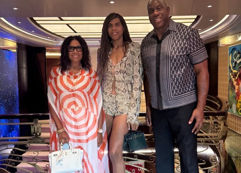 Magic Johnson, Cookie Johnson in Dries Van Noten, and EJ Johnson in Gucci Snake Shorts Set Enjoy Family Dinner in Croatia Magic Johnson, Cookie Johnson in Dries Van Noten, and EJ Johnson in Gucci Snake Shorts Set Enjoy Family Dinner in Croatia